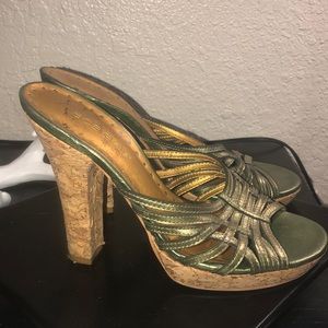 BCBG green metallic cork heels slip on sandals 7 Y2K